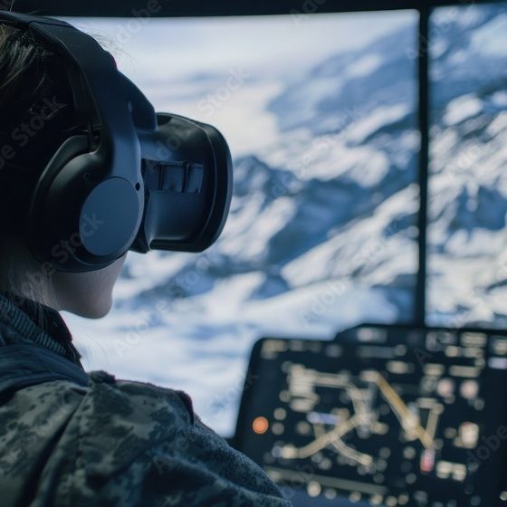 Female pilot VR training, mountain flight sim